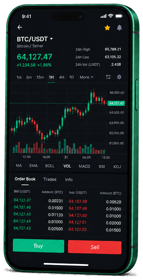 Vista móvil de trading de Marventa Rovelia — cotizaciones BTC/USDT en directo, libro de órdenes y herramientas de ejecución